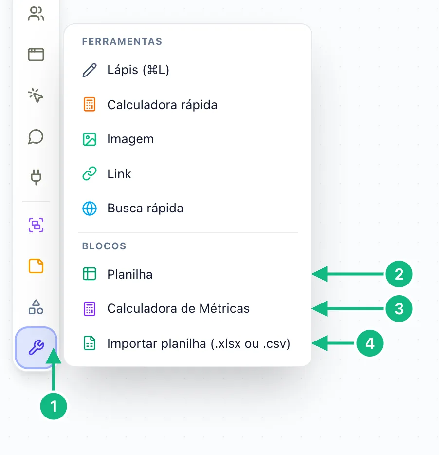 Menu Utilidades aberto no dock, com Planilha, Calculadora de Métricas e Importar planilha