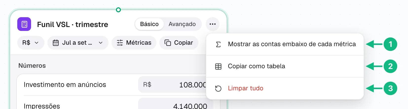 Menu de mais opções da Calculadora com mostrar as contas, copiar como tabela e limpar tudo