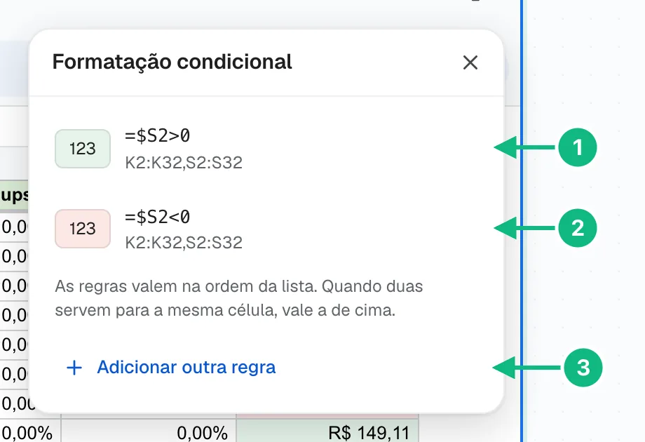Painel de formatação condicional com uma regra verde e uma vermelha
