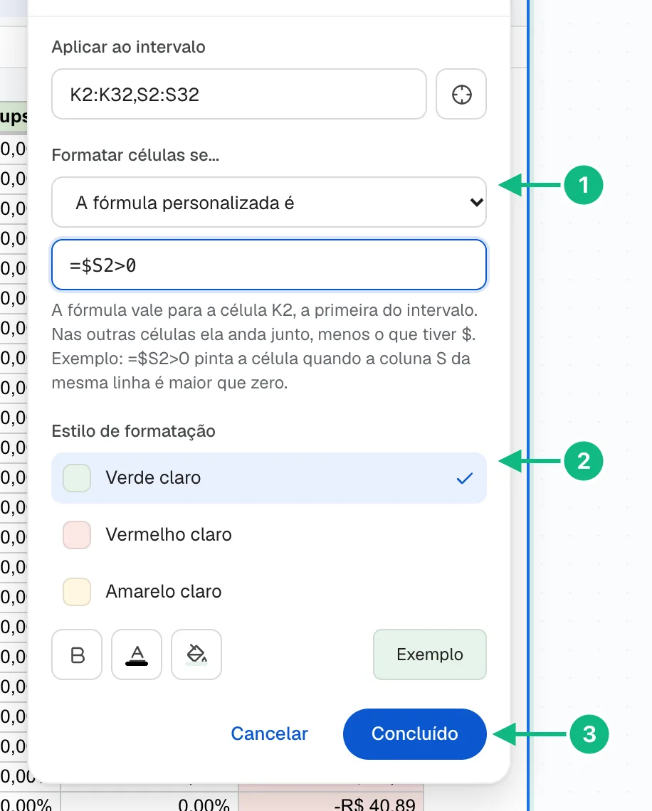 Edição de uma regra de formatação condicional com fórmula personalizada e estilo verde claro