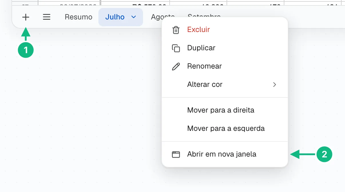 Menu de clique direito numa página da planilha com a opção Abrir em nova janela