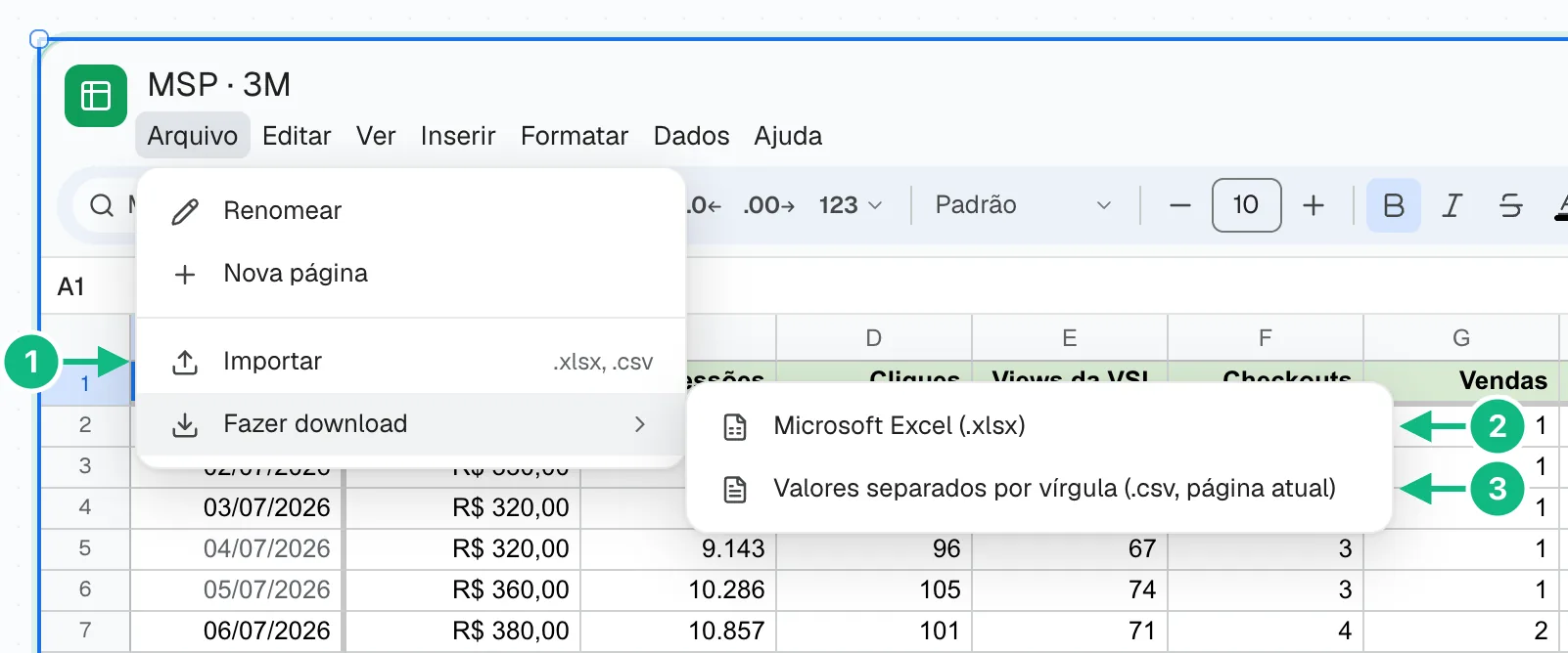 Menu Arquivo aberto com Importar e Fazer download em Excel ou CSV
